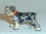 4 Old Painted Cast Iron Miniature Dogs Paperweights or Toys with One Advertising