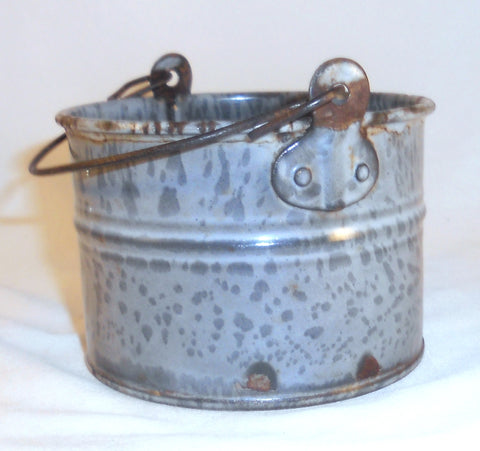 Antique Mottled Gray Agateware Graniteware Small Berry Bucket with Wire Handle