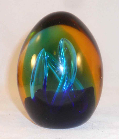 Art Glass Egg-Shaped Paperweight Finger-Shaped Bubbles Cobalt Blue & Orange