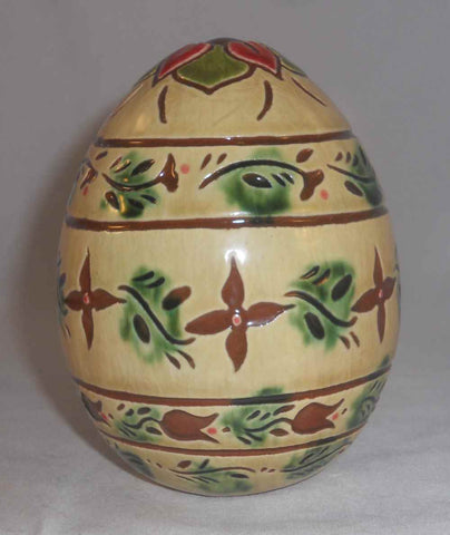 2007 Breininger Glazed Redware Large Yellow Easter Egg Sgraffito Tulips & Leaves
