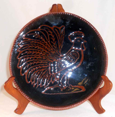 1978 Glazed Redware Large Shallow Plate Brown Rooster On Dark Blue or Black Background By Ned Foltz