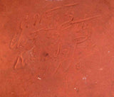 1978 Glazed Redware Large Shallow Plate Brown Rooster On Dark Blue or Black Background By Ned Foltz