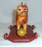1977 Hand Carved Painted Wood Folk Art Cat on Wheels Toy Walter & June Gottshall