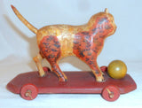 1977 Hand Carved Painted Wood Folk Art Cat on Wheels Toy Walter & June Gottshall