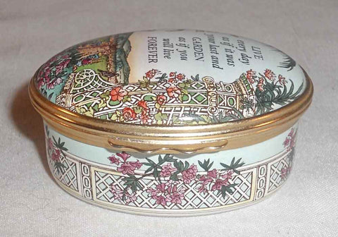 Halcyon Days Enamels Oval Trinket Box Colorful Garden Scene and Wise Saying
