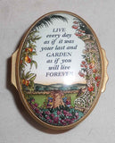 Halcyon Days Enamels Oval Trinket Box Colorful Garden Scene and Wise Saying