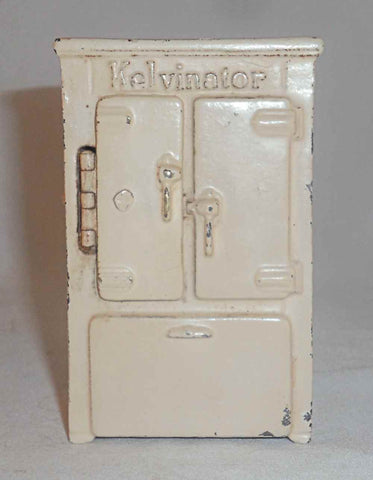1932 Arcade Toy Cast Iron Kelvinator Refrigerator Still Penny Bank Cream Colored