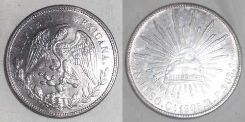 Mexican Crown Size Silver Coin Uncommon 1905 CN RP One or Un Peso Choice AU