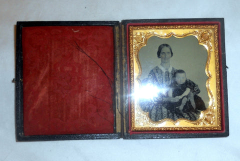Antique Ambrotype 1/6 Plate Photo of Mother & Son on Her Lap Red Cheeks in Case