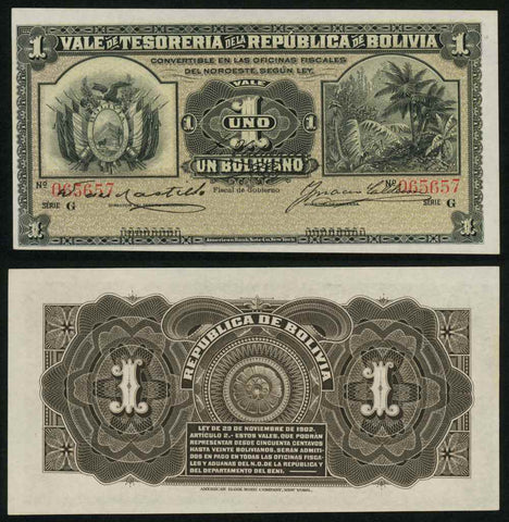 1902 Banknote from Bolivia One or Un Boliviano Jungle Foliage P92a Crisp Unc.