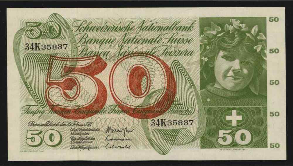1971 Switzerland Banknote 50 Francs P# 48k Choice About