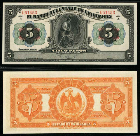 Banknote 1913 Bank of Chihuahua Mexico 5 Pesos Miner w/ Drill P# S132 PMG 65 EPQ
