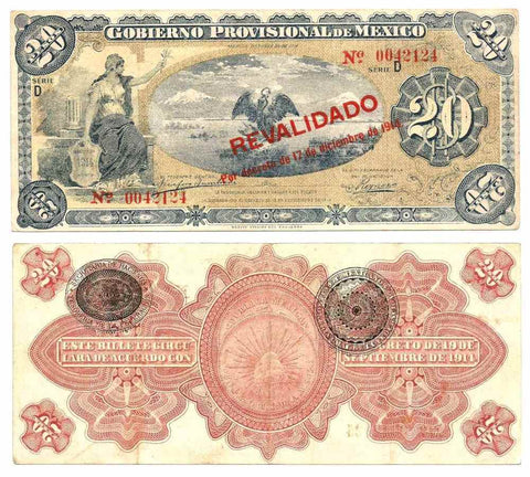 10.20.1914 Gobierno Provisional De Mexico 20 Pesos Revalidado Banknote P# S706