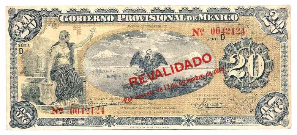 10.20.1914 Gobierno Provisional De Mexico 20 Pesos Revalidado
