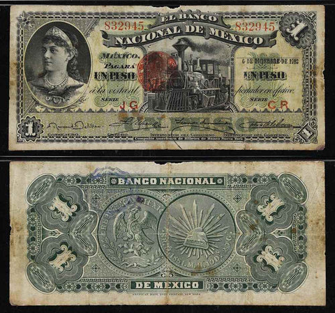 1913 El Banco Nacional De Mexico One Peso Banknote P# S255b Locomotive Vignette