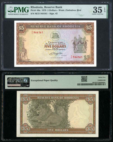 1979 Reserve Bank of Rhodesia 5 Dollars Banknote P #40a Choice Very Fine 35 EPQ