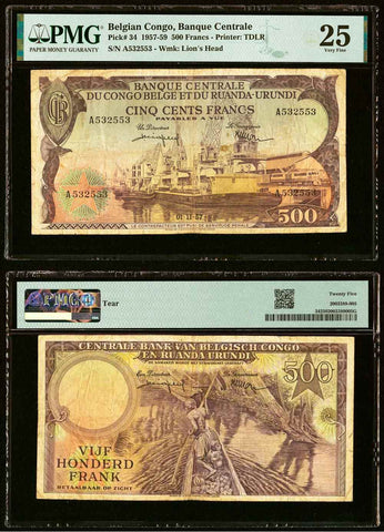 1957 Belgian Congo Ruanda-Urundi Central Bank 500 Francs Banknote Pick 34 VF 25