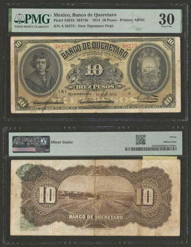 1914 Mexico Banco De Queretaro 10 Pesos Banknote New Signature Overprint P S391b