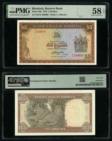 1978 Reserve Bank of Rhodesia 5 Dollars Banknote P #36b Choice About Unc 58 EPQ