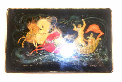 1973 Palekh Russian Lacquer Box 3-Horse Drawn Sled or Troika Signed Ryedouov