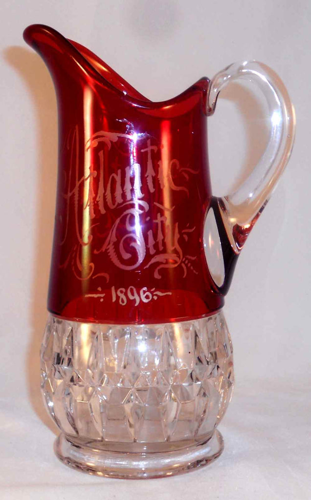 Antique 1896 Ruby Flash Glass Tall Pitcher with Handel Atlantic