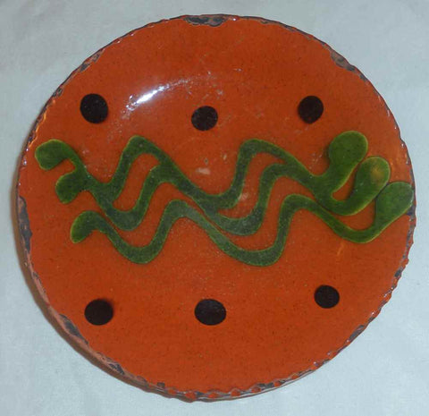 1998 Greg Shooner Redware Glazed 5 3/4" Pie Plate Green Wavy Slip Decoration