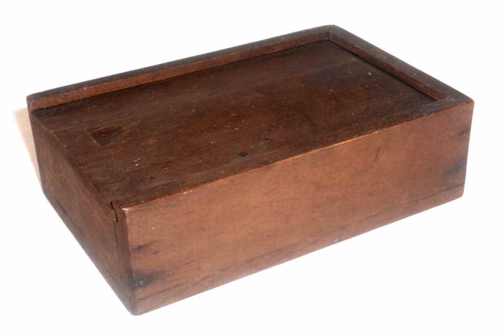 Antique Small Walnut Wooden Primitive Slide Lid Box Carved Pull