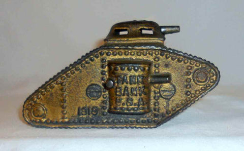 Antique AC Williams Cast Iron Tank Bank USA 1918 Still Penny Bank