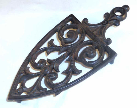 Cast Iron Sad Iron Cathedral Trivet Floral Scrolls Design One-Inch Legs & Handle
