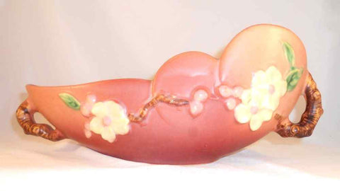 Beautiful Early 1950s Roseville Pottery Pink Apple Blossom Long Bowl 329-10"