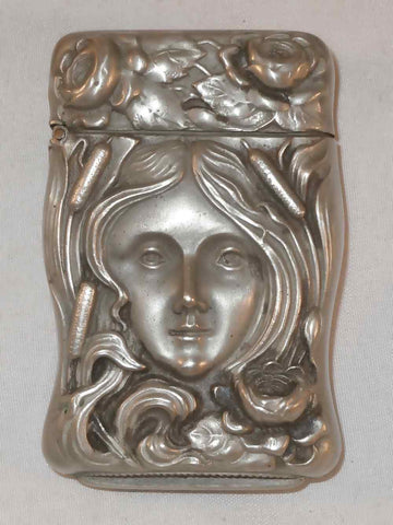 Antique Art Nouveau German Silver Match Safe or Vesta Woman's Face DesignAntique Art Nouveau German Silver Match Safe or Vesta Woman's Face Design