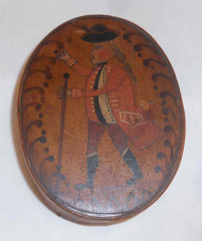 Antique Folk Art Hand Decorated Bentwood Band Box Colonial Man Hat Coat & Stick