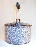 Antique Agateware Mottled Gray Lidded Berry Bucket Wire Handle Turned Wood Grip