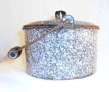 Antique Agateware Mottled Gray Lidded Berry Bucket Wire Handle Turned Wood Grip