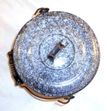 Antique Agateware Mottled Gray Lidded Berry Bucket Wire Handle Turned Wood Grip