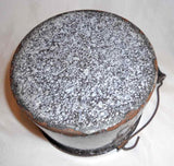 Antique Agateware Mottled Gray Lidded Berry Bucket Wire Handle Turned Wood Grip