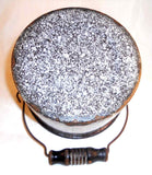 Antique Agateware Mottled Gray Lidded Berry Bucket Wire Handle Turned Wood Grip