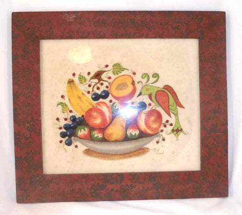Bill Rank Framed Folk Art Hand Painted Theorem Distelfink Perched on Fruit Bowl