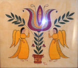 Contemporary Framed Folk Art Hand Painted On Velvet Pennsylvania Dutch Style Theorem Giant Tulip and Two Angels By Bill Rank