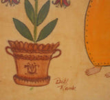 Contemporary Framed Folk Art Hand Painted On Velvet Pennsylvania Dutch Style Theorem Giant Tulip and Two Angels By Bill Rank