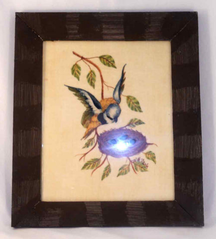 Bill Rank Framed Folk Art Hand Painted Theorem Bird Landing on Nest w/ Blue Eggs