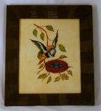 Bill Rank Framed Folk Art Hand Painted Theorem Bird Landing on Nest w/ Blue Eggs