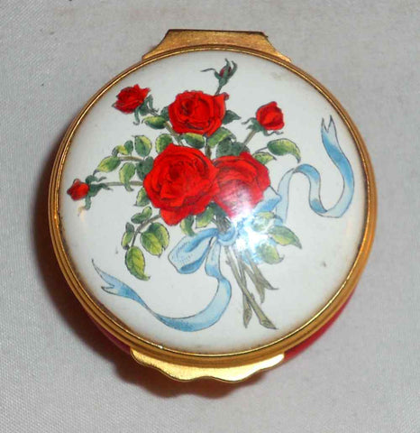 English Round Bilston & Battersea Enamels Box Red Roses Bouquet with Love