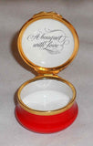 English Round Bilston & Battersea Enamels Box Red Roses Bouquet with Love