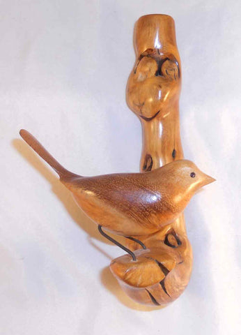 1999 Carved Lacquered Wood Small Bird Perched on Branch Lohnes Leavenworth, WA