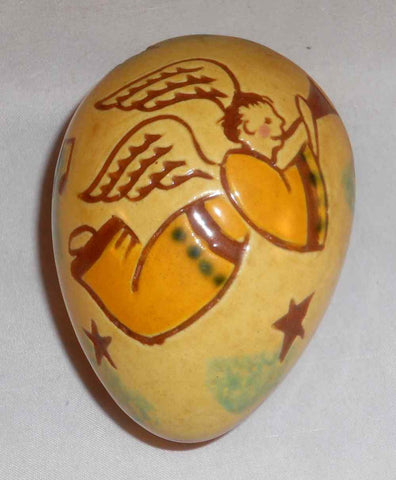Breininger Redware Yellow Egg Sgraffito Flying Angel Play Trumpet Stars and Music