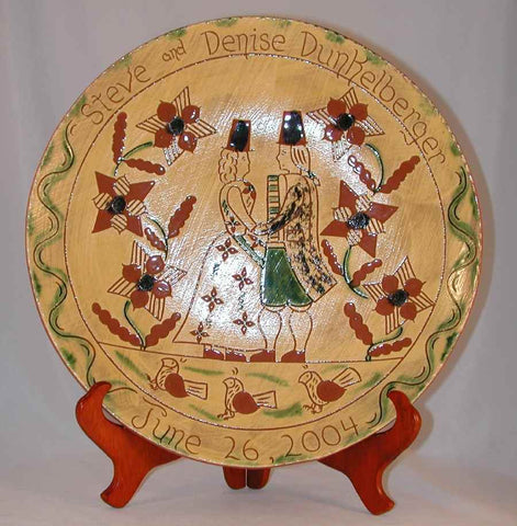 2004 Glazed Large Redware Sgraffito Decorated Charger Steve and Denise Dunkelberger Wedding by Lester Breininger