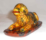 1989 Glazed Redware Figurine Dog Laying Down Stick in Mouth Breininger Pottery