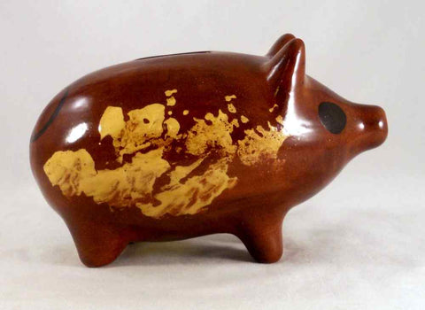 1988 Breininger Glazed Redware Penny Bank Pig Standing Brown Yellow Highlights