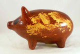 1988 Breininger Glazed Redware Penny Bank Pig Standing Brown Yellow Highlights